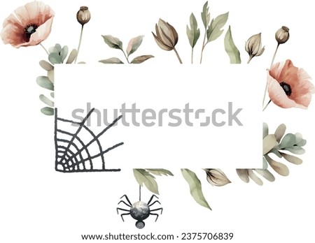 Halloween watercolor vector banner with dried red poppies, spider, spiderweb, spooky gizmos, on white background