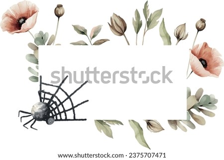 Halloween watercolor vector banner with dried red poppies, spider, spiderweb, spooky gizmos, on white background