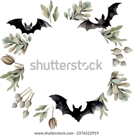 Watercolor halloween bat and floral wreath template vector design