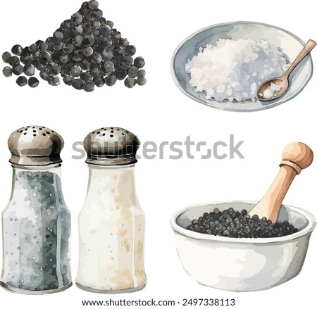 Vector Watercolor food, clipart, ingredients. Spices, pile of black pepper, coarse salt, salt shaker, pepper shaker. Illustrations for creative cooking, invitation, greeting cards, birthday, event.