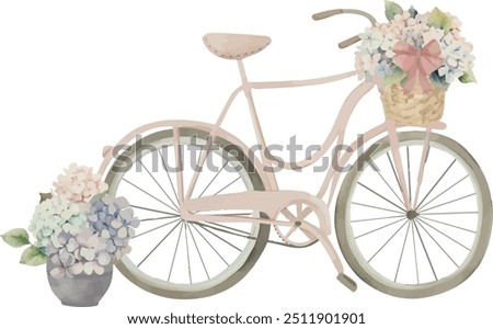 Vector, bike, bicycle with hydrangea, flowers, present, festive, Watercolor illustration, Greeting cards, invitation, party, baby shower, birthday, event, holiday, wedding card, printable