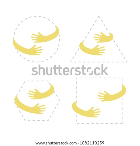 Geometric shapes with hand embrace. Logo with hug. Vector illustration