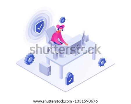 Security concept. Woman using pc 3d isometric vector illustration isolated on white