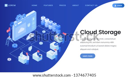 Cloud storage landing page vector template. Cyberspace, server, database isometric illustrations with site navigation, menu. Software development, web hosting platform website layout