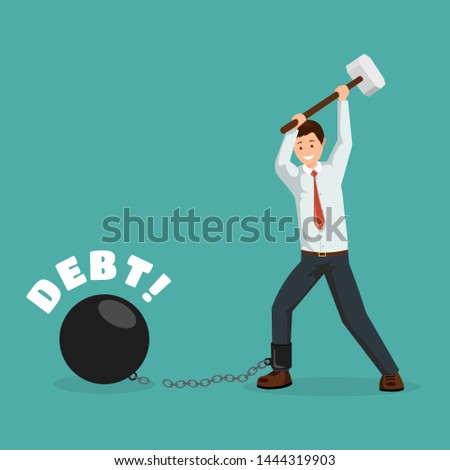 Paying debt metaphor vector banner template. Cartoon man breaking financial chains with sledge hammer. Happy debtor, businessman paying off debts, taxes, bank loans flat character