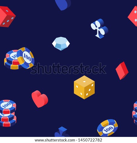 Casino games 3d vector seamless pattern. Poker chips, isometric dice and diamond on blue backdrop. Hearts, spades, clubs and diamonds playing cards suits background, wrapping paper color design