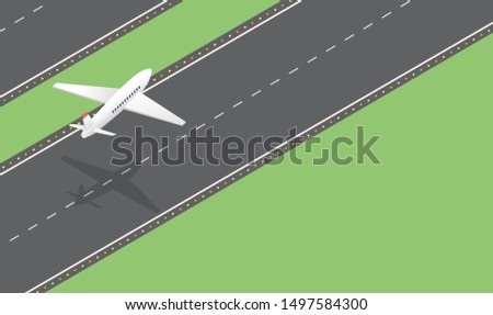 Passenger plane takeoff isometric vector illustration. Civil aviation industry, transportation business, commercial airlines service. Airport runway, modern aircraft departure, private jet taking off