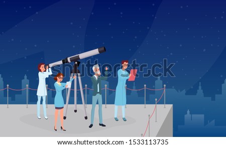 Astronomical observation, stargazing flat vector illustrations. Professional astronomers team, astronomy experts and assistants cartoon characters. Scientists group studying starry sky with telescope