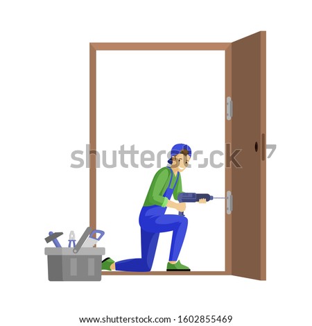 Repairman fixing door flat vector illustration. Professional workman fitting door hinge using electric drill cartoon character. Young carpenter, craftsman at work isolated on white background