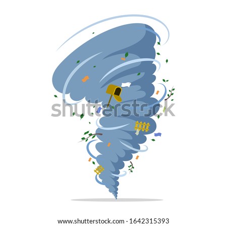 Twisting tornado with mailbox, trash, branches vector flat illustration isolated on white background. Natural disaster, hurricane or storm, cataclysm and catastrophe. Bad weather landscape concept.