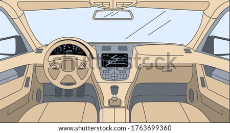 Design inside the car vector cartoon outline illustration. Driver view with navigator, rudder, dashboard, and navigation front panel. Interior of automobile, vehicle background.