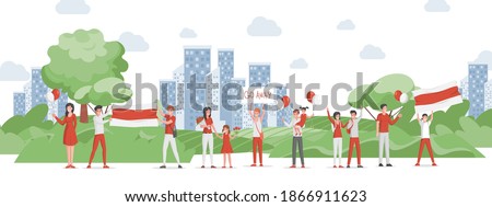 People in red and white casual clothes holding national flag of Belarus, placards and red and white balloons. Political protests in Belorussia vector flat illustration. People protesting in city park.