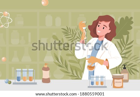 Pharmacist or scientist invents natural organic formula of cosmetics vector flat illustration. Young woman in lab coat holding syringe with natural herbal serum. Organic cosmetics from laboratory.
