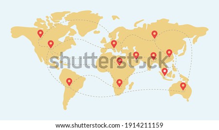 Earth map with location point marks vector flat illustration. World wide shipping, delivery, location, GPS navigation concept. Traveling around the world, map with continents design element.