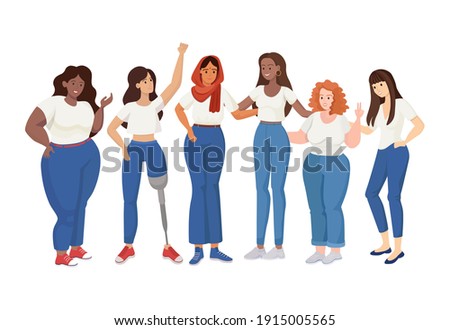 Group of standing women of different sizes and races vector flat illustration. Skinny and curvy women, woman with prosthesis. Girl power, International Woman Day, Feminism, body positive concept.