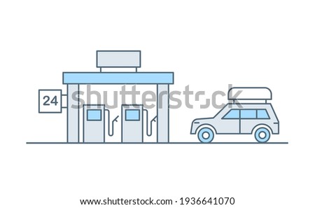 Gasoline fuel station and car with baggage on the roof vector flat line illustration isolated on white background. 24 hours gas station for mobile application or website design.