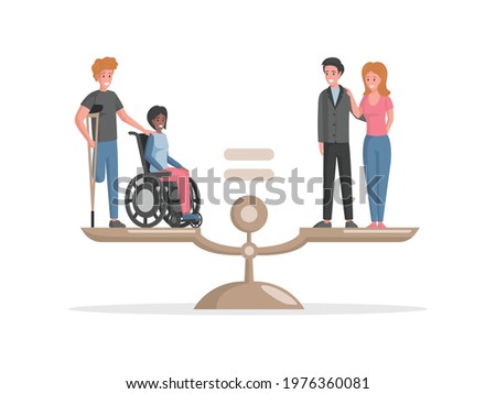 Disabled people and valid people standing on scales vector flat illustration. Invalids equal in rights in the balance with healthy people. Equal rights for everyone in work and business.