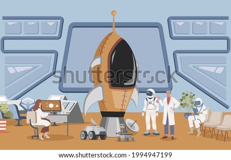 Launch rocket center with cosmonaut in space suit vector flat illustration. Engineer and scientist preparing astronaut to space flight in space ship. Space exploring mission concept.