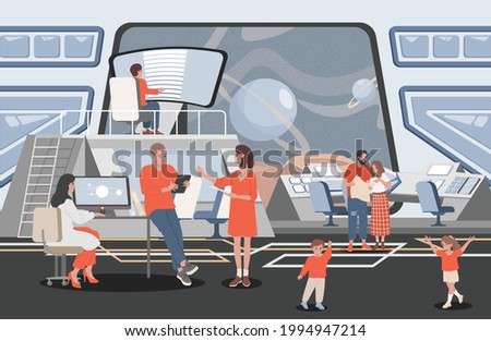 Space mission control center vector flat illustration. People working with computers and plans to launch rocket to the cosmos. Happy smiling men and women at space tracking company.
