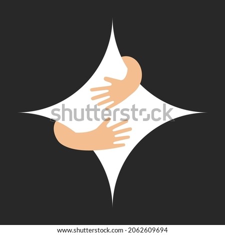 Human hands embracing or holding square with concave sides vector flat illustration isolated on black background. Creative emblem with white big rhomb and hugging arms. Logo with a hug.