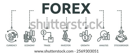 forex outline banner icon of currency, economy, trade, investor, growth, analysis, stockbroker