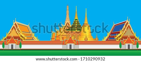 The Royal Palace - The Royal Temple - Wat Phra Kaew - The famous symbols of Bangkok Thailand drawing in vector