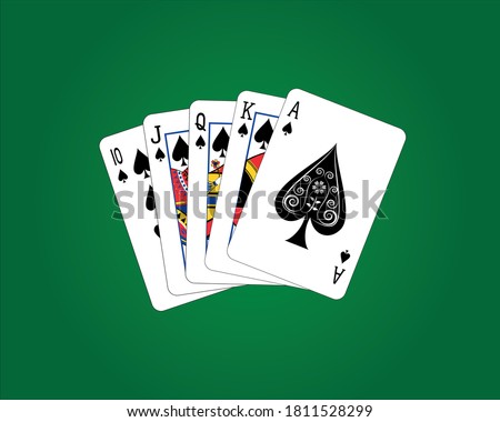 vector design and drawing fine and sharp of spades playing cards with 10 J Q K A called Royal straight flush in Poker game on green table
