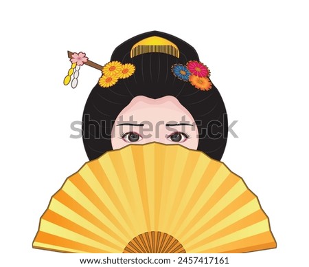 Art drawing of Japanese beautiful lady or geisha or maiko look behind golden sensu fan or Japanese folding fan in colorful cartoon vector 