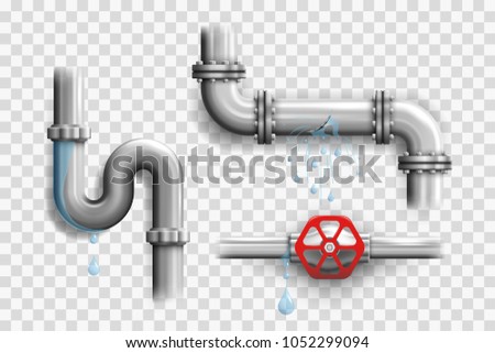 Various broken metal pipes and leaking pipeline elements isolated on a transparency grid a realistic vector illustrations set