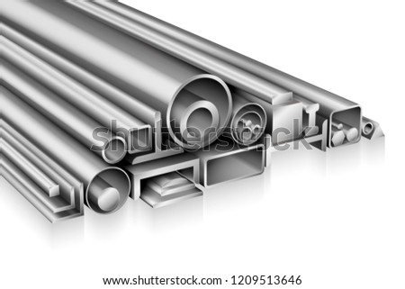 Structural steel profile realistic composition metal pipe, tube, bar, rod, rebar, channel, beam, stainless steel or aluminium for construction, cold or hot rolled iron metalworking products
