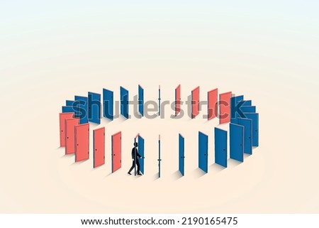 Businessman goes around in circles through endless doorway, metaphor of unsolvable problems, bureaucratic obstacles, perpetual search, abstract depiction of issues with business a vector illustration