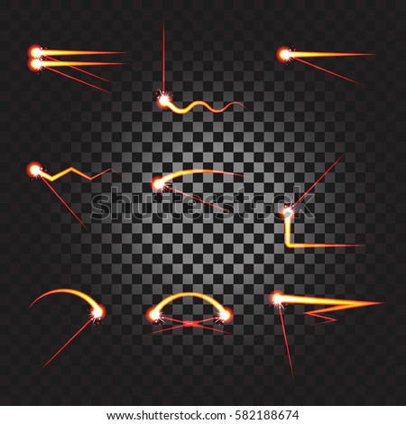 Laser cutting or welding trace transparent effect, melted material underline stroke set. Burning trail underline. Stock vector illustration of laser cutting or welding. Highlighter concept design.