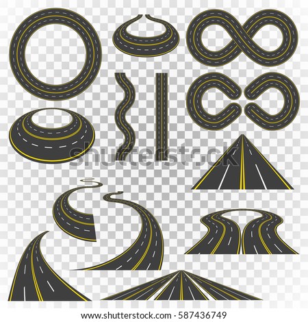 Set of asphalt road curves, perspectives, turns, twists, circles, elements, transport vector illustration of highway with yellow and white markings isolated on transparent background.