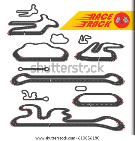 Race track, racing loop or race circuit, car racetrack collection. Turbo challenge vector illustration set. For toy, modeling, package, sport, gift, transportation, car, bolide, dragster, game design.