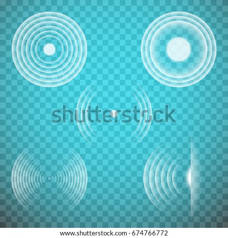 Vector set of isolated transparent sound waves design elements. Sonic resonance, radio frequency, energy radiation, vibration, sound emitting themed illustrations, abstract icons or symbols.