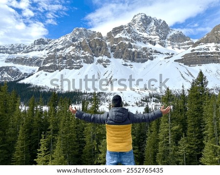 Similar – Image, Stock Photo Man admiring mountain landscape from wooden footbridge