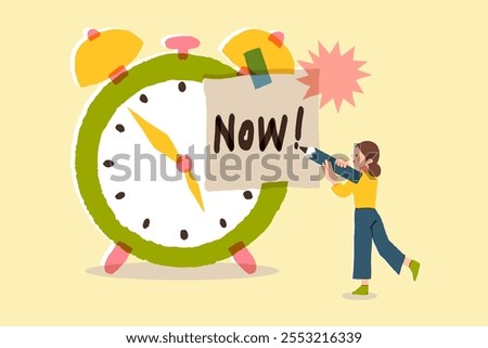 Businesswoman writing the word NOW on paper note attached to giant alarm clock. Later, postponing work or delaying deadlines, meeting schedule reminders. Time management. flat vector illustration