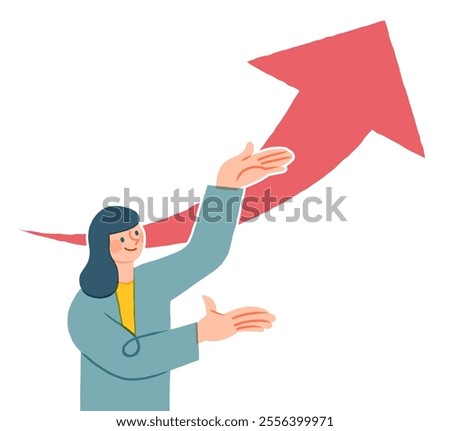 Confident businesswoman with growth arrows concept. Professional female leading economic expansion. Achieving goals, success strategy. Vector illustration.