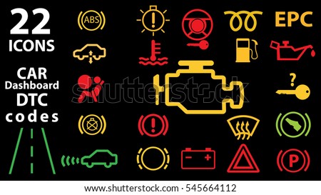 22 icon vector collection of car dashboard panel indicators, yellow red green indicators. DTC codes. Check engine warning.
