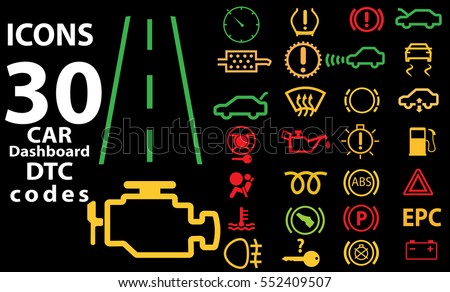 30 Icons car vector illustration EPS 10. Dashboard panel indicators. Pictogram DTC code error.