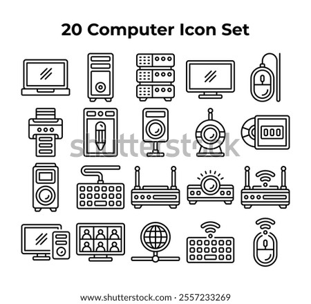 Twenty computer device line art icons fill a grid.