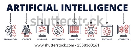 Artificial intelligence banner web icon with contains technology, robotics, learning, automation, knowledge, machine, software, computer