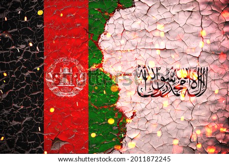 Afghanistan and Taliban flags painted over cracked concrete wall.And lava flows behind. Afghanistan vs Taliban war.