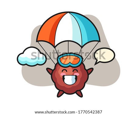 Meatball cartoon is skydiving with happy gesture