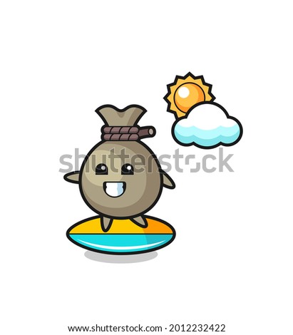 Illustration of money sack cartoon do surfing on the beach , cute style design for t shirt, sticker, logo element