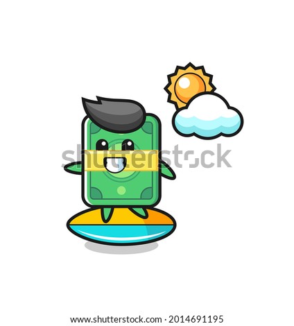 Illustration of money cartoon do surfing on the beach , cute style design for t shirt, sticker, logo element