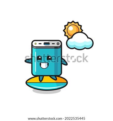 Illustration of power bank cartoon do surfing on the beach , cute style design for t shirt, sticker, logo element