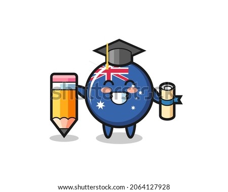 australia flag badge illustration cartoon is graduation with a giant pencil , cute style design for t shirt, sticker, logo element