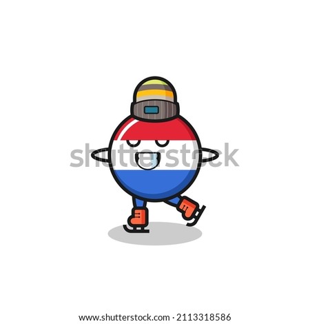 netherlands flag badge cartoon as an ice skating player doing perform , cute style design for t shirt, sticker, logo element