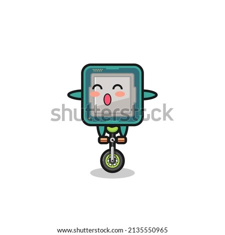 The cute processor character is riding a circus bike , cute style design for t shirt, sticker, logo element